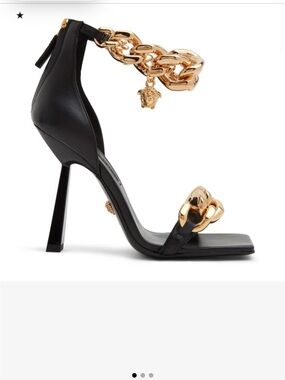 Versace Black Leather High Heel Sandal with Gold Chain Medusa
